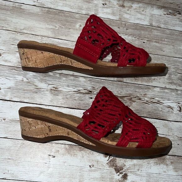 WALKING CRADLES Red Kudos Cork Wedge Heel Sandals Size 6WW Tiny Pillows Insoles - Picture 6 of 16
